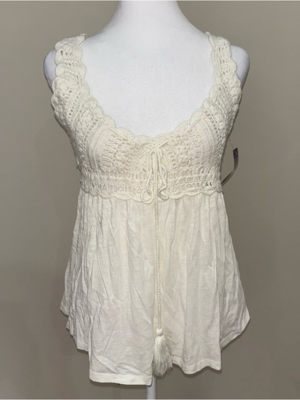 Lucky Brand Cream Crochet Bust Tie-Front Tank
